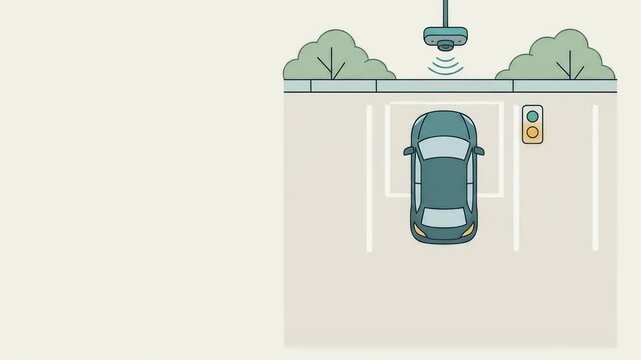 Animation of a car parking in a smart parking lot with a camera and traffic light.