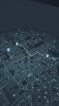 Vertical video: Drawing round map tracing route linking blue pins when top left pin lights on rim