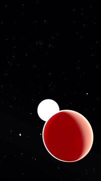 Vertical video: Zooming shot showing red orb moving right in space as white orb emerging