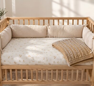 Coordinated infant crib bedding set with a fitted muslin sheet breathable bumper pillow and folded cable knit blanket
