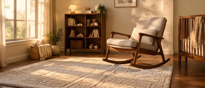 Thick tufted wool area rug arranged beside an empty mid century modern rocking chair with curved wooden runners