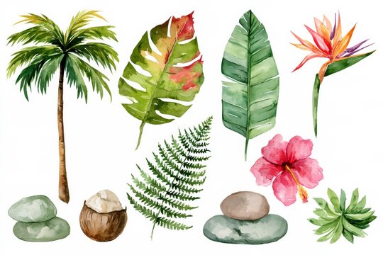 Watercolor study of tropical plants, leaves, flowers, palm tree, and stones on a white background