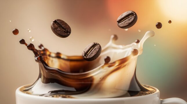Coffee beans splash into a cup, mixing with creamy milk creating dynamic swirls and droplets in a warm, inviting scene.