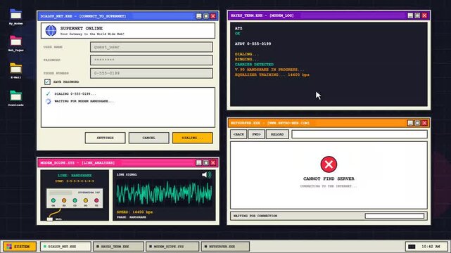 Retro 90s Dial Up Modem Internet Connection Desktop Interface Animation