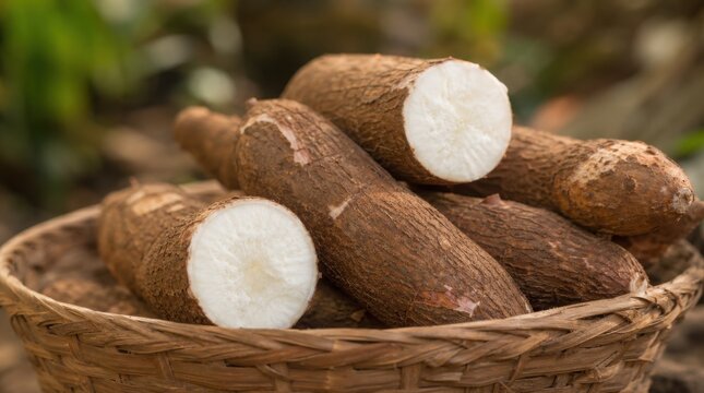 A basket filled with freshly harvested cassava roots, showing their rough brown exterior and white starchy interior.