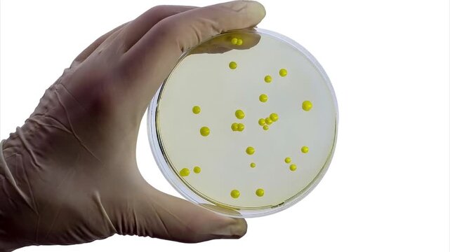 Micrococcus luteus colonies on agar in a Petri dish, animated photograph. Gloved laboratory hand holding a culture plate with smooth pigmented microbial growth.
