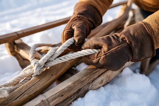 Close-up of Hands in Leather Gloves Tying a Rope on Vintage Wooden Sled in Snow