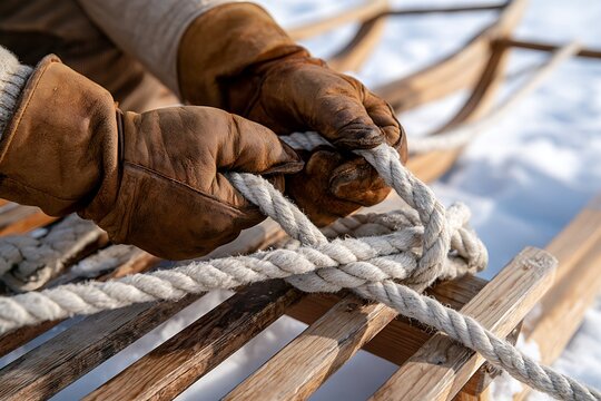 Close-up of Hands in Leather Gloves Tying a Rope on Vintage Wooden Sled in Snow