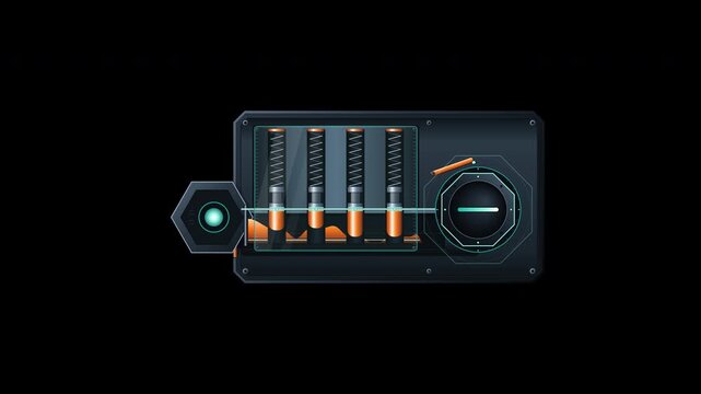 Futuristic energy module with glowing liquid vials on alpha channel 4K alpha channel