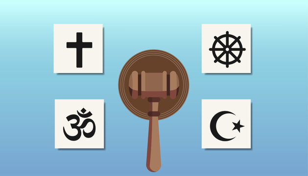 Wooden judge gavel surrounded by religious symbols of Christianity, Buddhism, Islam and Hinduism representing freedom of belief and equality under the law