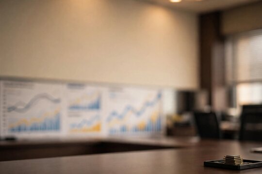 Shallow depth of field corporate photography of stacked microprocessors on a conference table, with blurred data charts in the background, symbolizing tech industry analysis and investment.