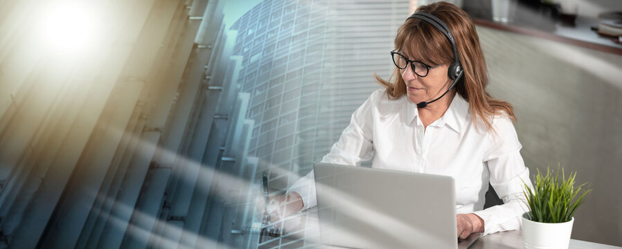 Female helpline operator in headset; multiple exposure