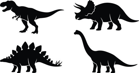 Dinosaur silhouette vector set, black prehistoric animal icons, Tyrannosaurus Triceratops Stegosaurus and Brachiosaurus graphics for logo design © Nasir