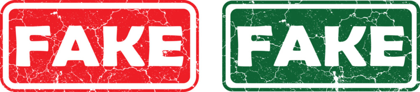 Red and green rubber stamps with the word fake isolated on a white background for document verification