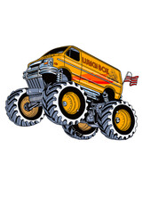 Detailed graphic illustration of a custommonster truck with giant wheels jumping on a black background © herzog