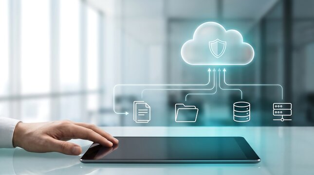 Professional businessman hand touching digital tablet screen with futuristic cloud storage interface displaying icons for data backup synchronization security and network server management