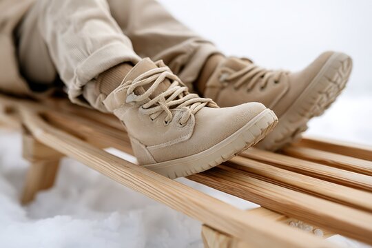 Close-up of Child in Beige Suede Winter Boots Riding a Wooden Sled in Snow