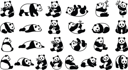 Cute panda bear illustration set, cute cartoon panda vectors in various poses, black and white giant panda collection for design © Nasir