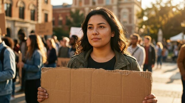 Woman holding a blank cardboard placard among a crowd at an outdoor public gathering