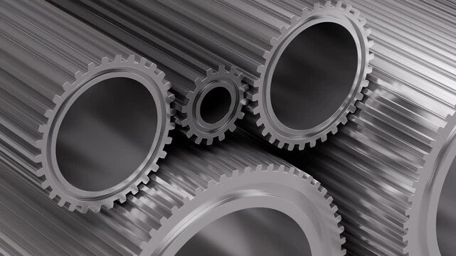 Close-up 3D illustration of metallic industrial gears and mechanical cogwheels in motion. 3d rendering