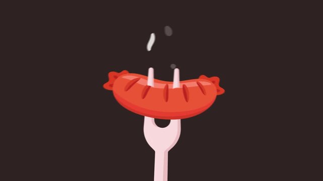 Appetizing grilled red sausage held by a fork, with drops of white sauce falling from above