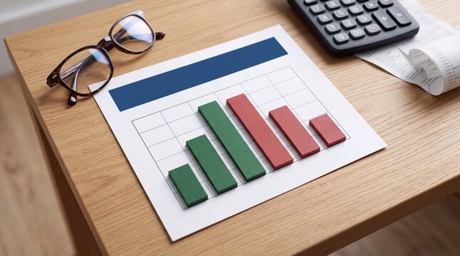 Financial report paper with green and red three dimensional bar chart on wooden table, representing accounting analysis, business investment and market data