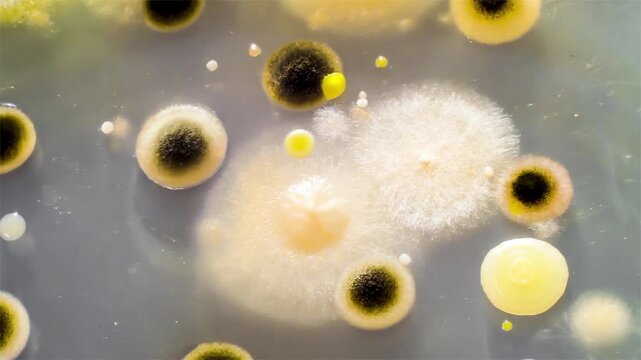 Mixed microbial colonies on culture medium, animated photograph. Laboratory close-up showing diverse fungal and bacterial growth with contrasting colony colours, textures and morphology.