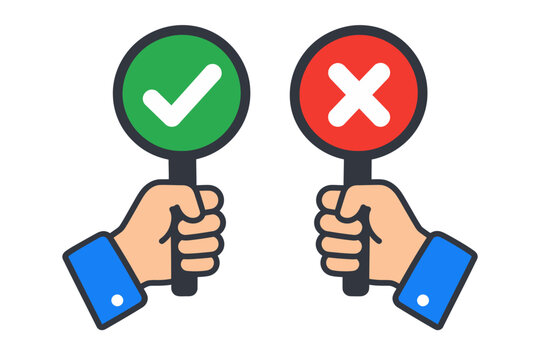 Hands holding green check mark and red cross signs