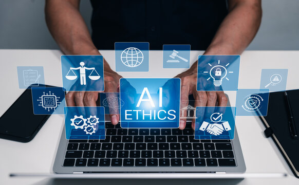 AI ethics and responsible artificial intelligence concept. Person using laptop and governance icons, fairness, accountability, compliance, security, regulation, transparency, trustworthy technology