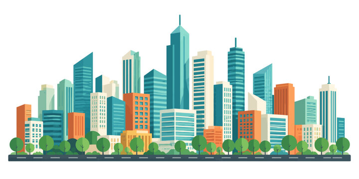 Colorful Modern Cityscape with Skyscrapers and Trees