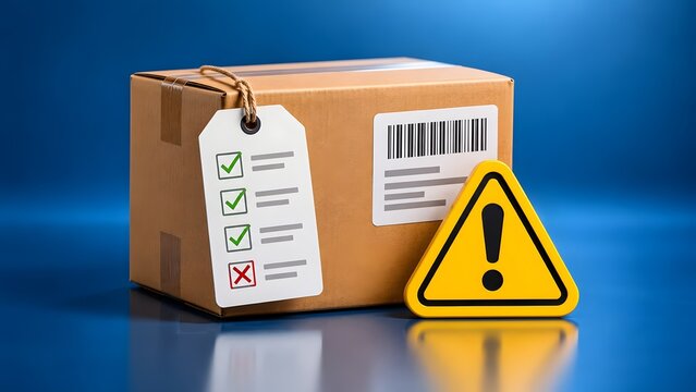 Shipping quality control and logistics inspection concept with cardboard parcel box, checklist tag, barcode, and yellow warning sign