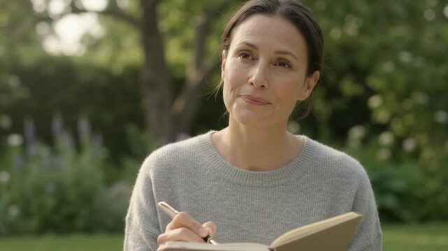 Woman journaling in a peaceful garden setting with lush green plants
