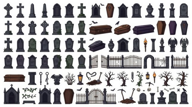 Isolated spooky graveyard icons for horror