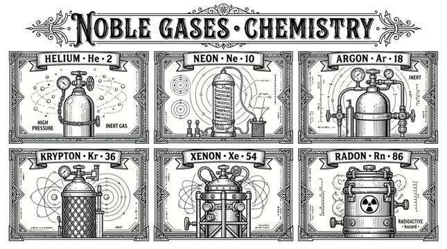 Very beautiful black and white vector set featuring helium, neon, argon, krypton, xenon, and radon gas containers, Label: "NOBLE GASES &bull; CHEMISTRY", detailed scientific linework, no gradients, white b