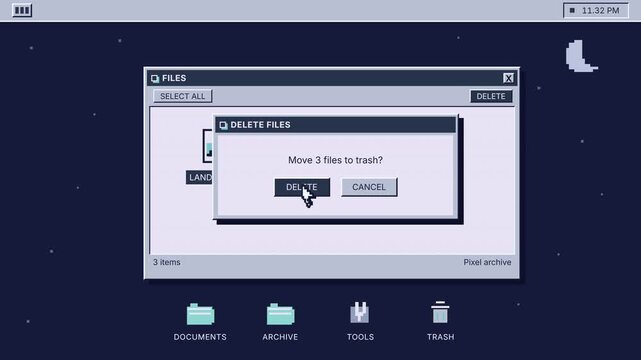 Retro pixel art operating system interface with a delete files confirmation dialog box on a dark desktop screen