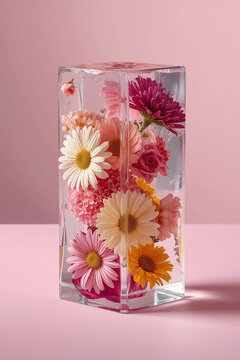 Conceptual art of colorful spring flowers preserved in eternal ice block as a symbol of frozen time and beauty

