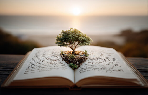 Miniature tree growing from the pages of an open book