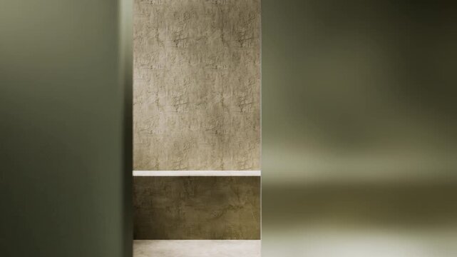 Endless looping animation of an empty room with olive green walls. Modern minimalist interior with shelves, perfect for backgrounds