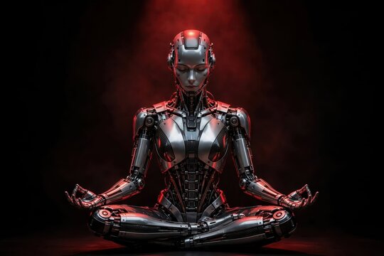 Futuristic Female Robot in Meditation Pose with Red Backlight, Cybernetic Body Technology