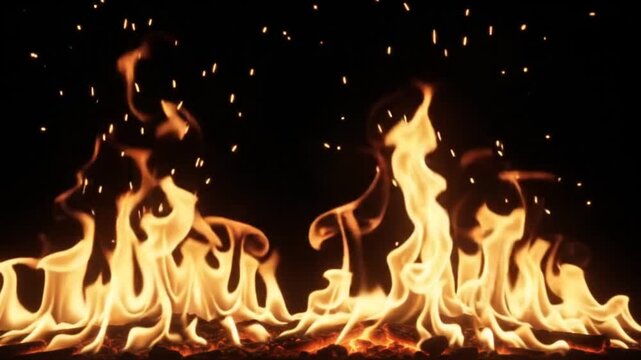 Wall of fire burning along the bottom of the frame with tall flickering flames and rising sparks on black background, seamless loop VFX overlay