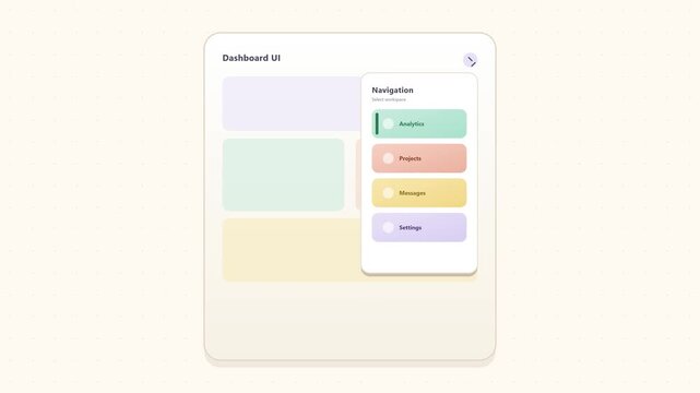 Seamless premium 8-second loop animation of a modern mobile app menu opening via a hamburger button, featuring playful pastel cards and smooth elastic spring motion.
