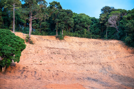 Large deforested area surrounded by hill with green tropical rainforest in Asia, jungles in Thailand and Vietnam destroyed by local erosion and human impact for economical agricultural development.