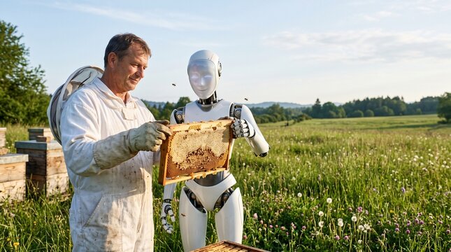 A professional beekeeper and a humanoid robot holding a wooden frame filled with honeycomb in a sunny meadow with beehives in the background.