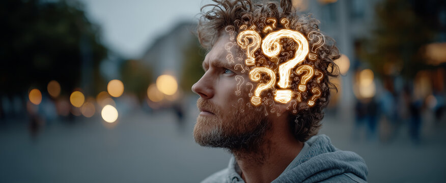 Thoughtful man with glowing question marks beside his head