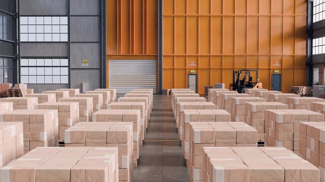 Smooth forward dolly shot moving through a vast, modern warehouse aisle. Pallets stacked high with cardboard boxes are ready for shipment