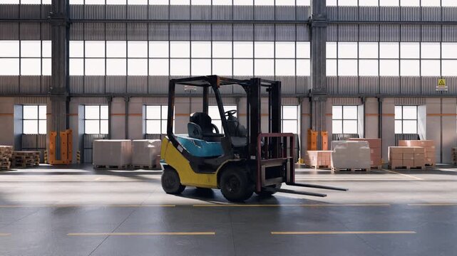 Yellow forklift loader driving inside a modern, empty industrial warehouse. Logistic center with stacked pallets and cardboard boxes