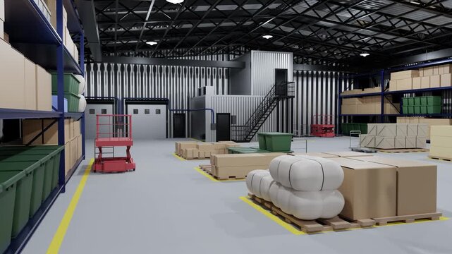 Large warehouse interior showing shelves, goods on pallets, and handling equipment, ready for shipping and delivery