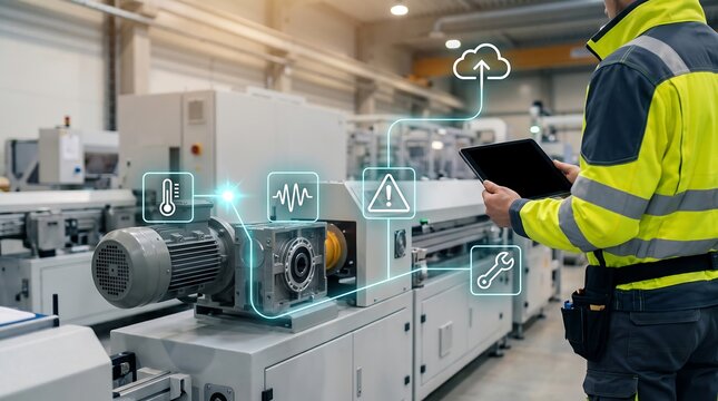 Technician with tablet inspecting industrial motor performance data using augmented reality diagnostic interface in a modern manufacturing plant environment for predictive maintenance