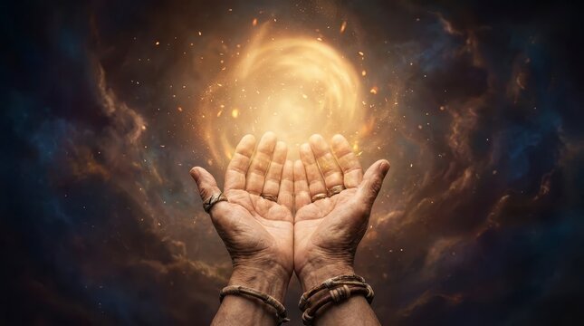 Hands reaching up to glowing magical light in cosmos