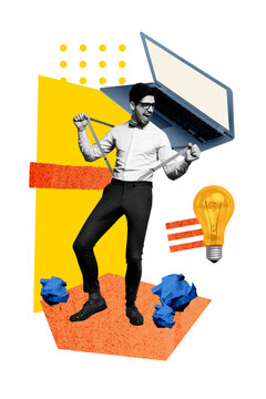 Composite trend artwork sketch image photo collage of&nbsp;copyspace young man office manager work obsolete computer puzzle idea lamp clever